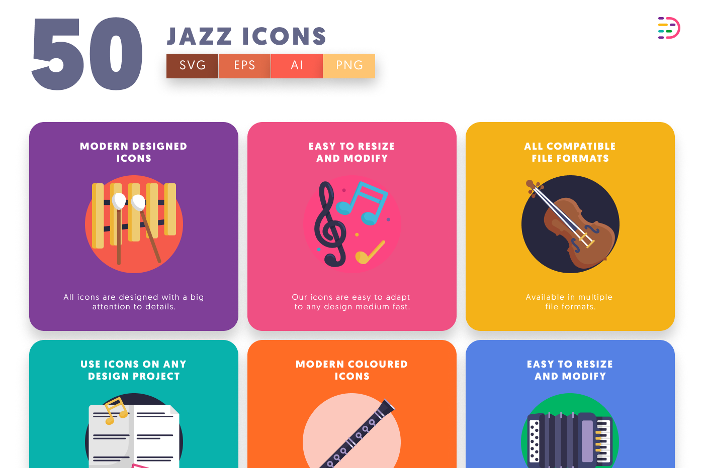 50 Jazz Icons preview 5 – flat circle icons in PNG, SVG and EPS