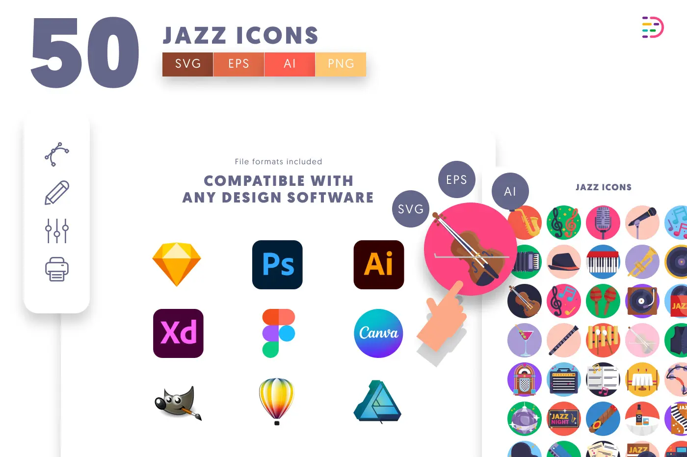50 Jazz Icons preview 8 – flat circle icons in PNG, SVG and EPS