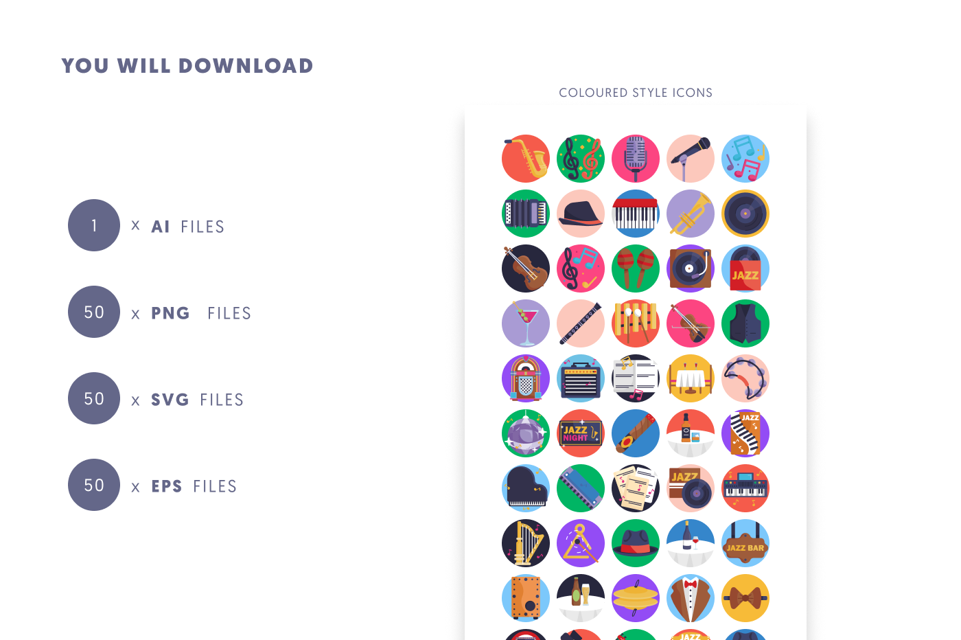 50 Jazz Icons preview 9 – flat circle icons in PNG, SVG and EPS