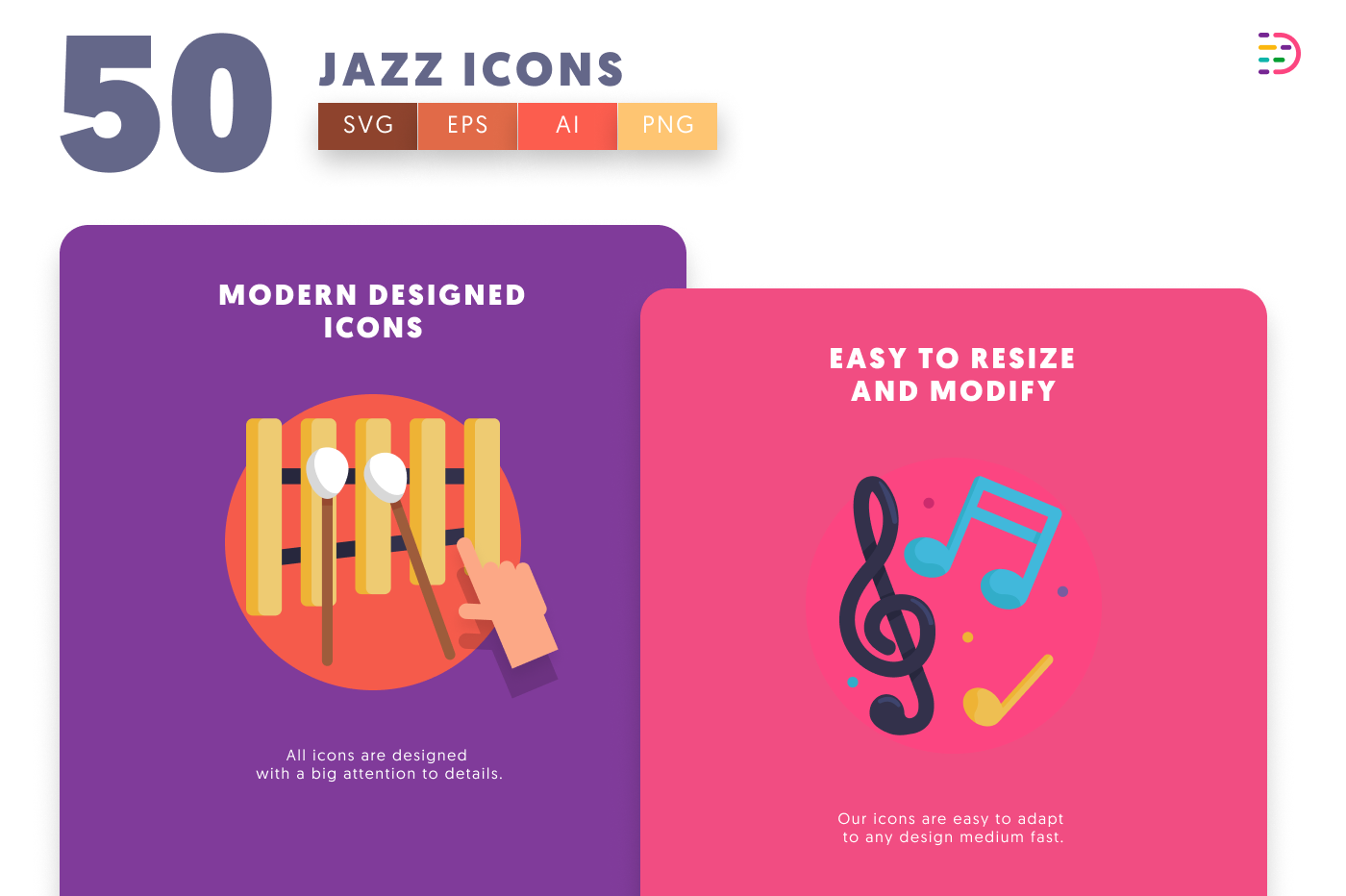 50 Jazz Icons cover – flat circle icons in PNG, SVG and EPS