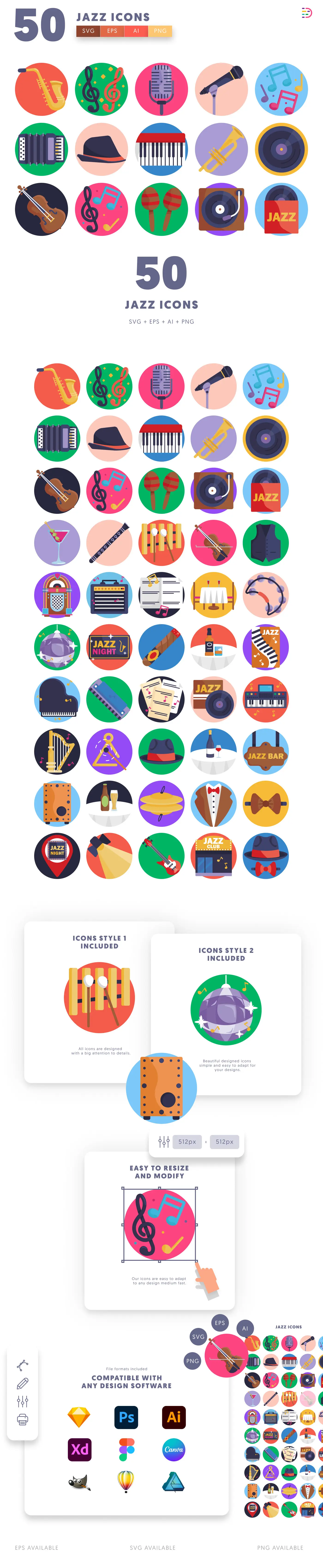 50 Jazz Icons cover – flat circle icons in PNG, SVG and EPS