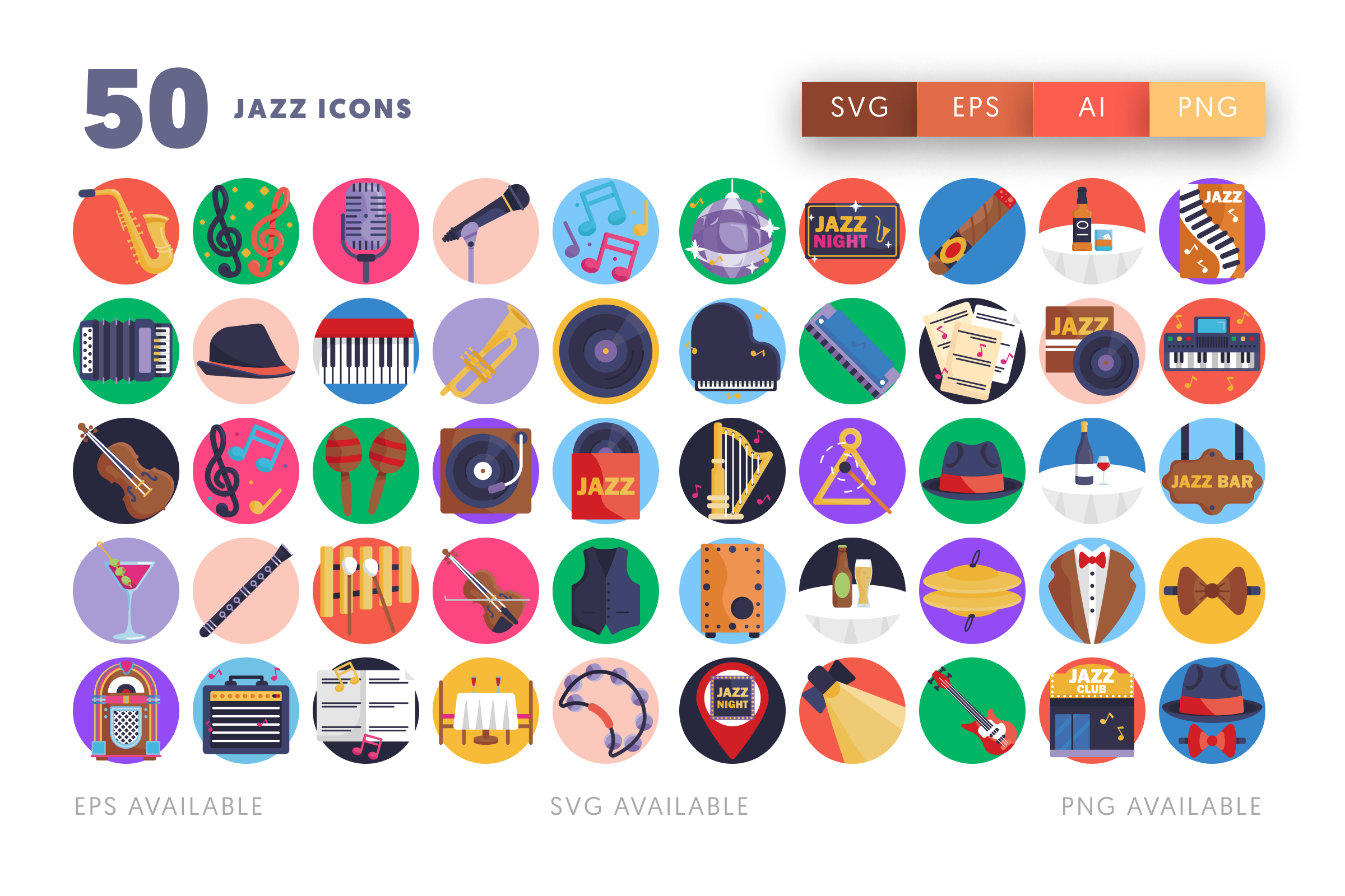 50 Jazz Icons – flat circle icon set