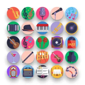 50 Jazz Icons – set of colorful flat circle icons
