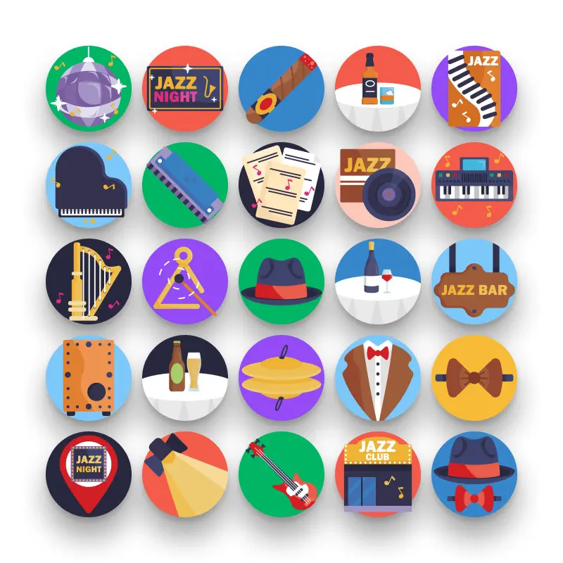 50 Jazz Icons – set of colorful flat circle icons