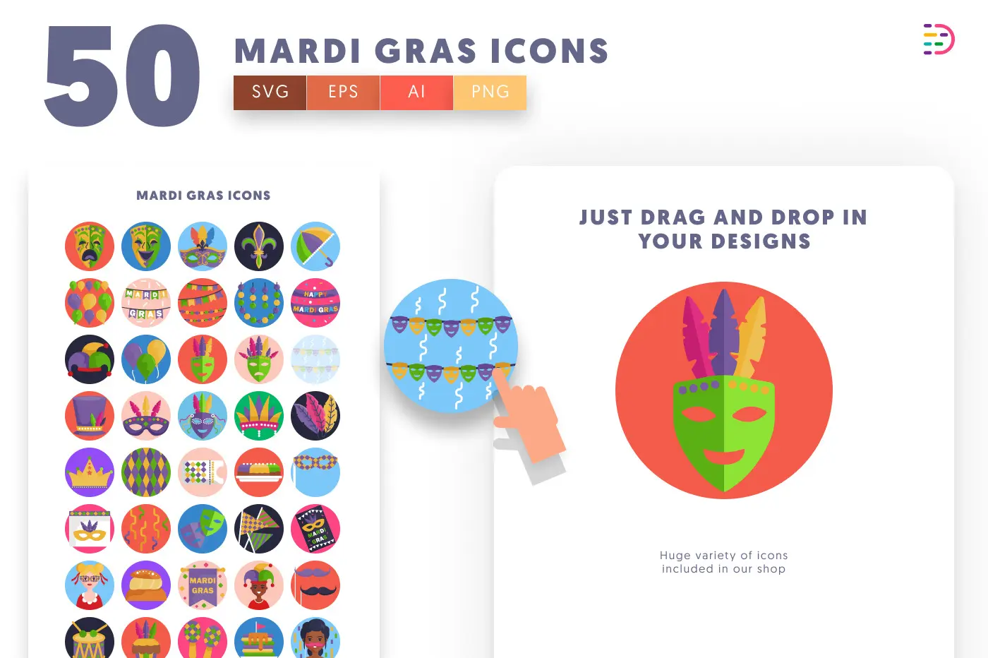 50 Mardi Gras Icons preview 1 – flat circle icons in PNG, SVG and EPS