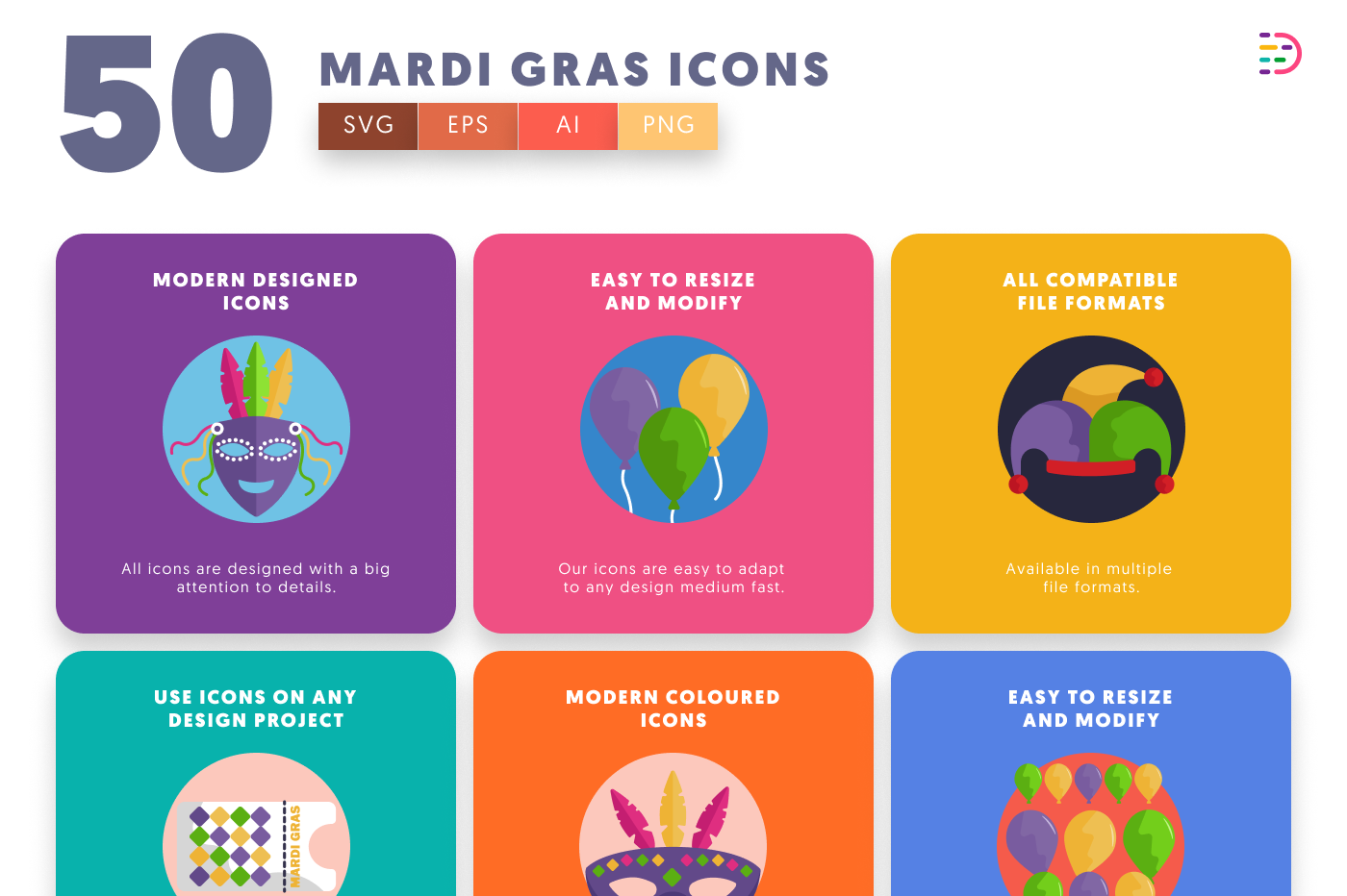 50 Mardi Gras Icons preview 5 – flat circle icons in PNG, SVG and EPS