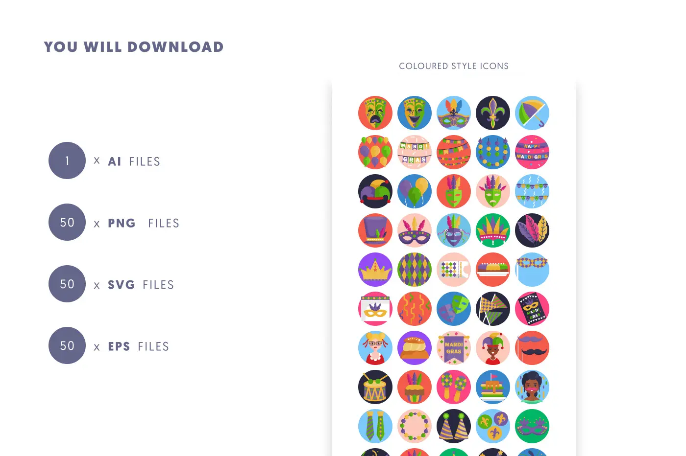 50 Mardi Gras Icons preview 9 – flat circle icons in PNG, SVG and EPS