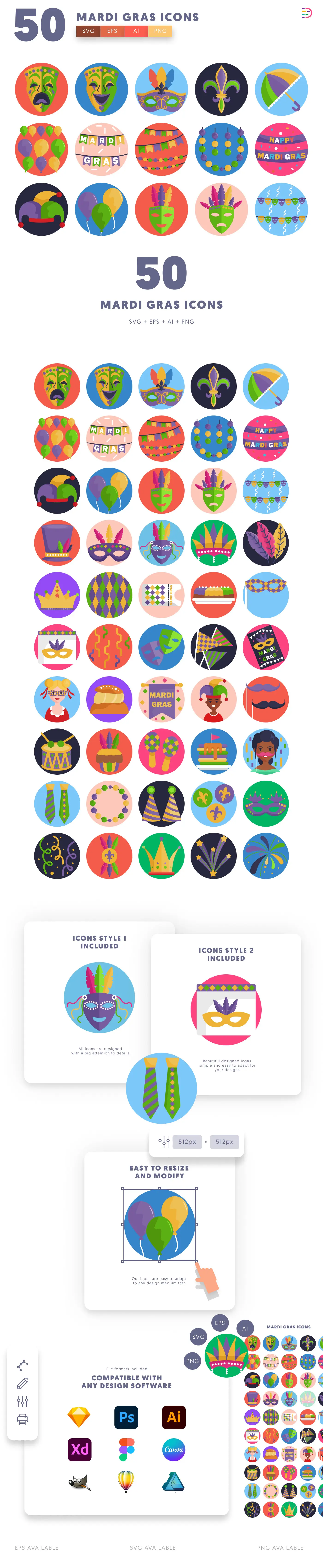 50 Mardi Gras Icons cover – flat circle icons in PNG, SVG and EPS