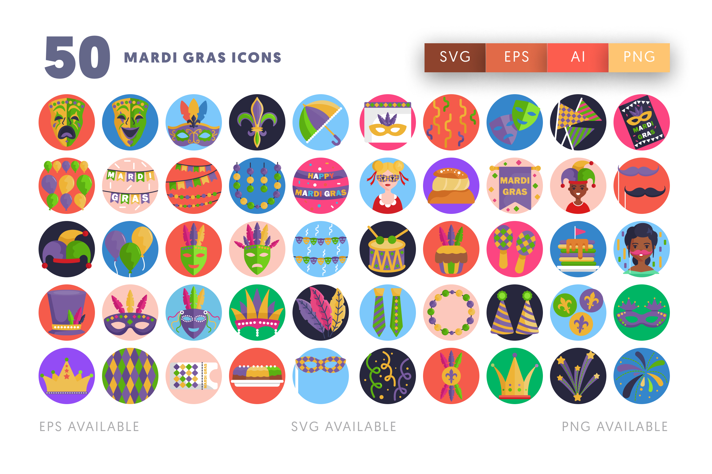 50 Mardi Gras Icons – flat circle icon set