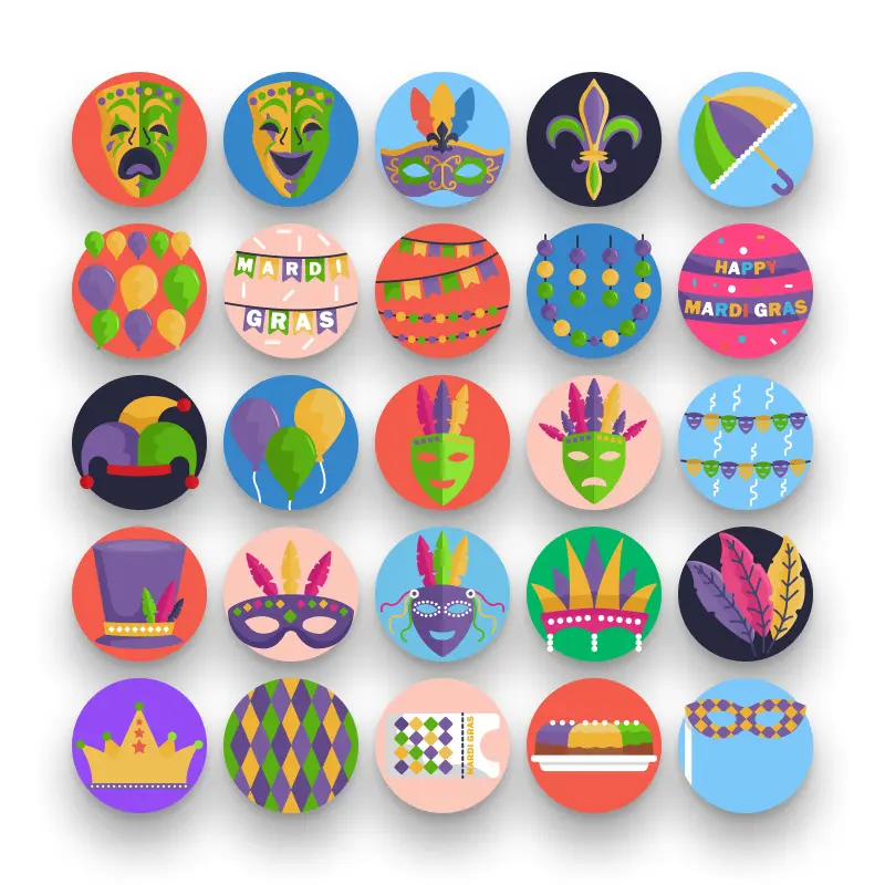 50 Mardi Gras Icons – set of colorful flat circle icons