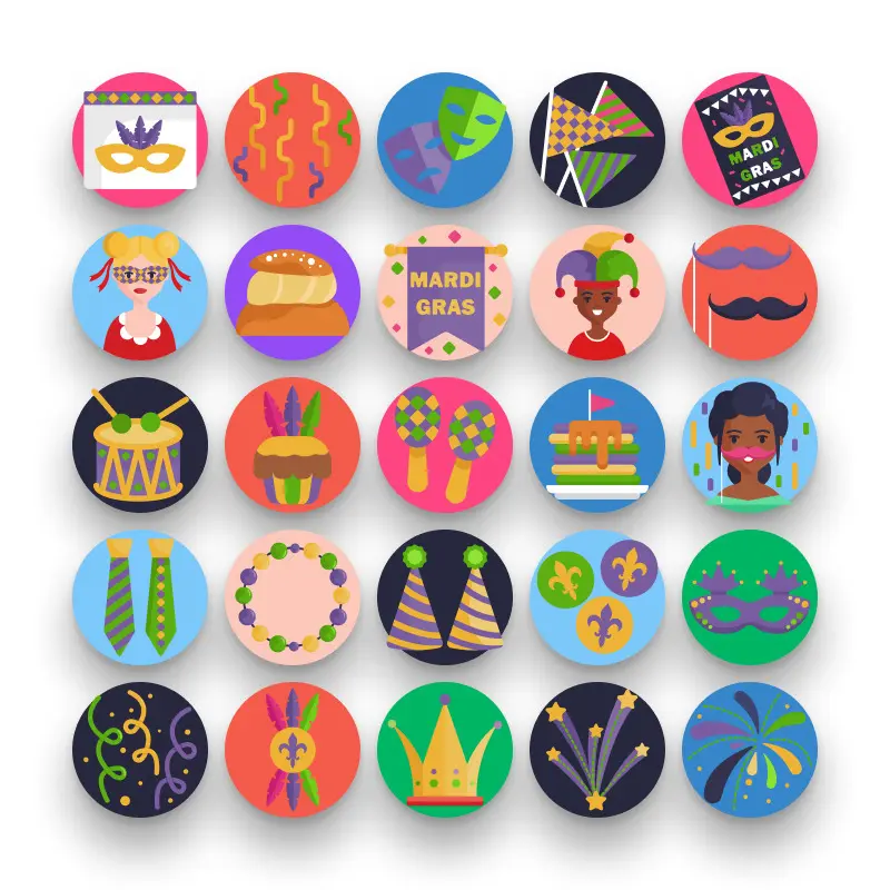 50 Mardi Gras Icons – set of colorful flat circle icons