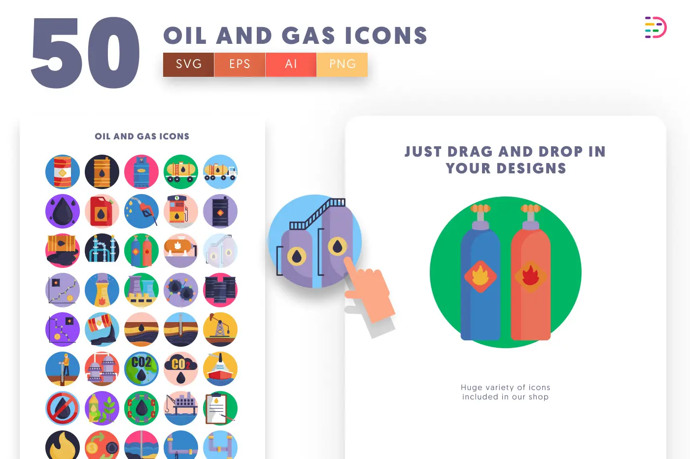 50 Oil and Gas Icons preview 1 – flat circle icons in PNG, SVG and EPS