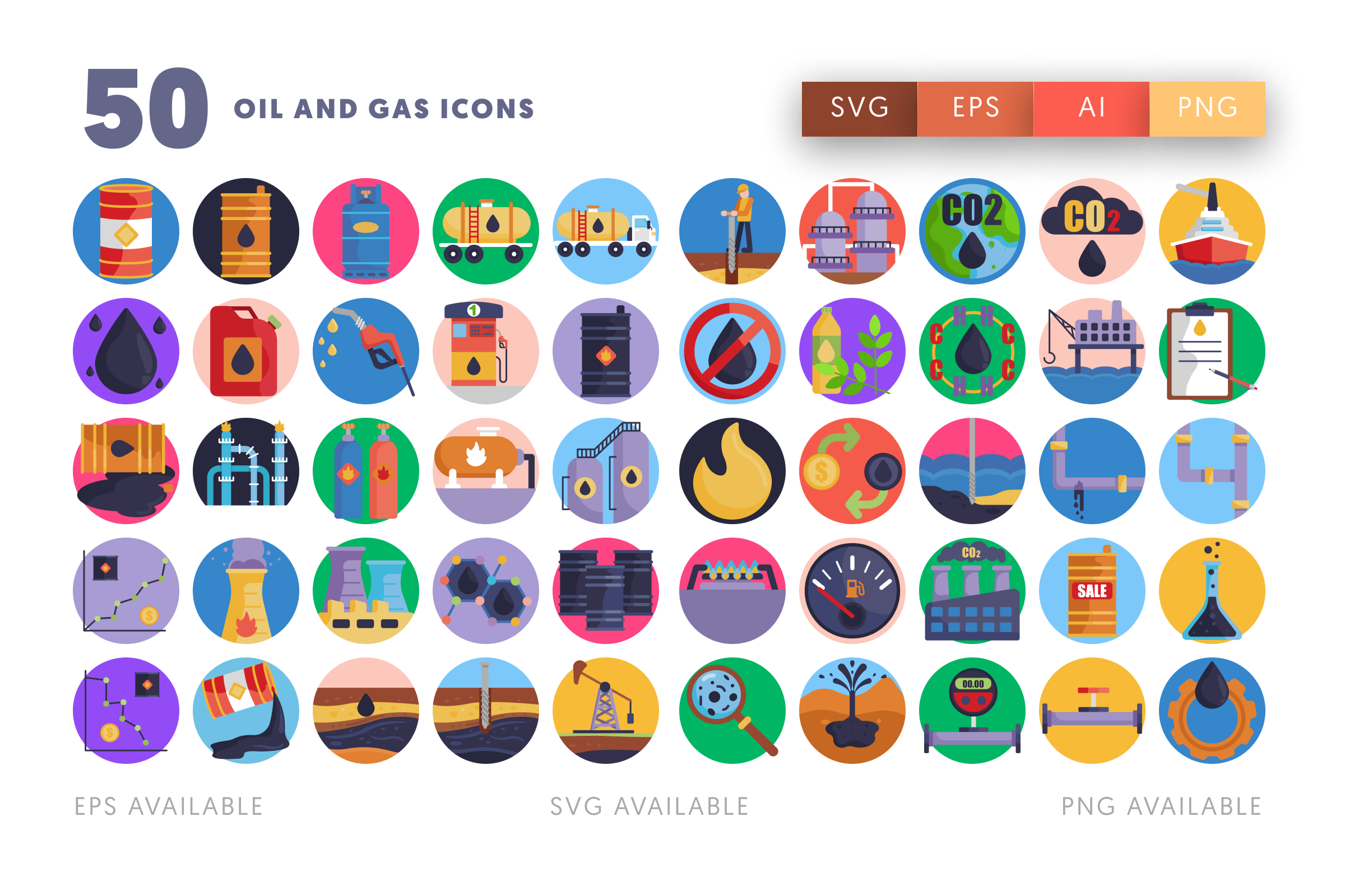 50 Oil and Gas Icons – flat circle icon set