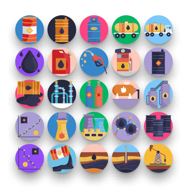 50 Oil and Gas Icons – set of colorful flat circle icons