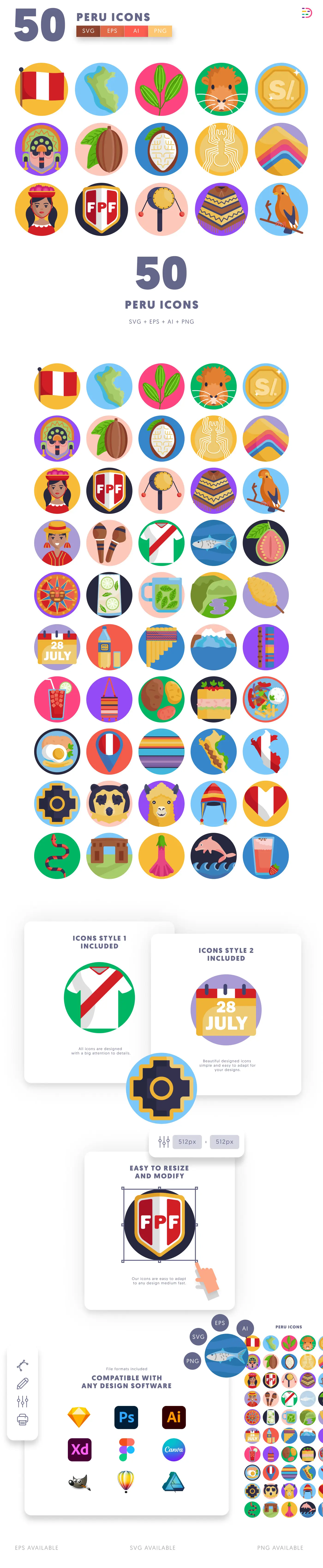 50 Peru Icons cover – flat circle icons in PNG, SVG and EPS