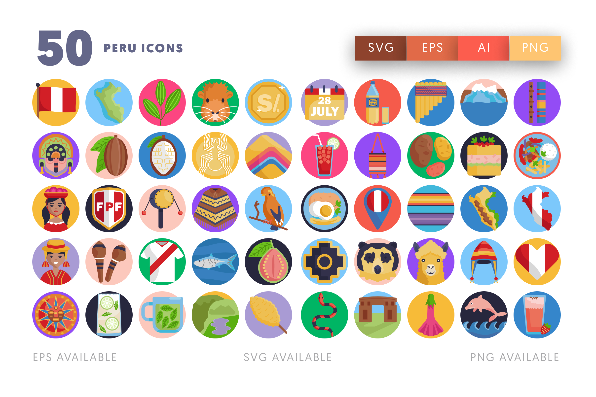 50 Peru Icons – flat circle icon set