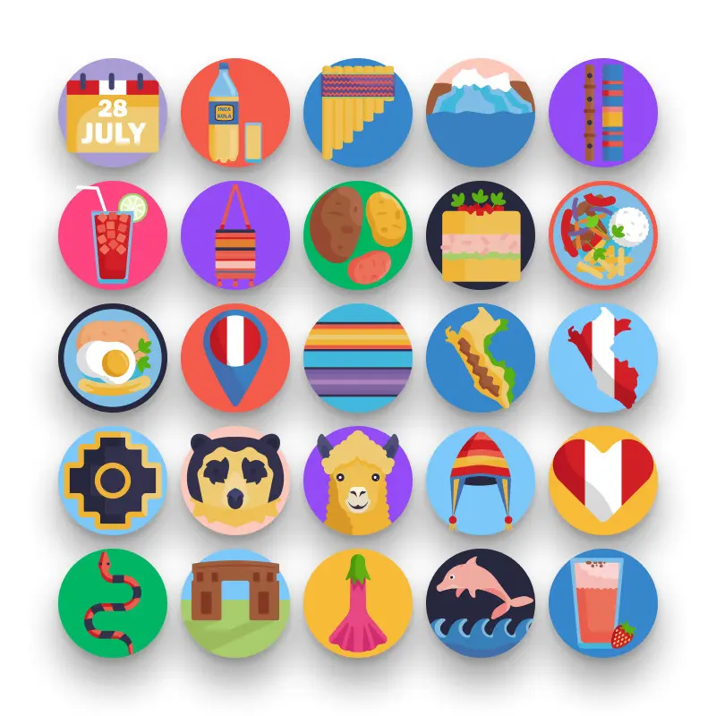 50 Peru Icons – set of colorful flat circle icons