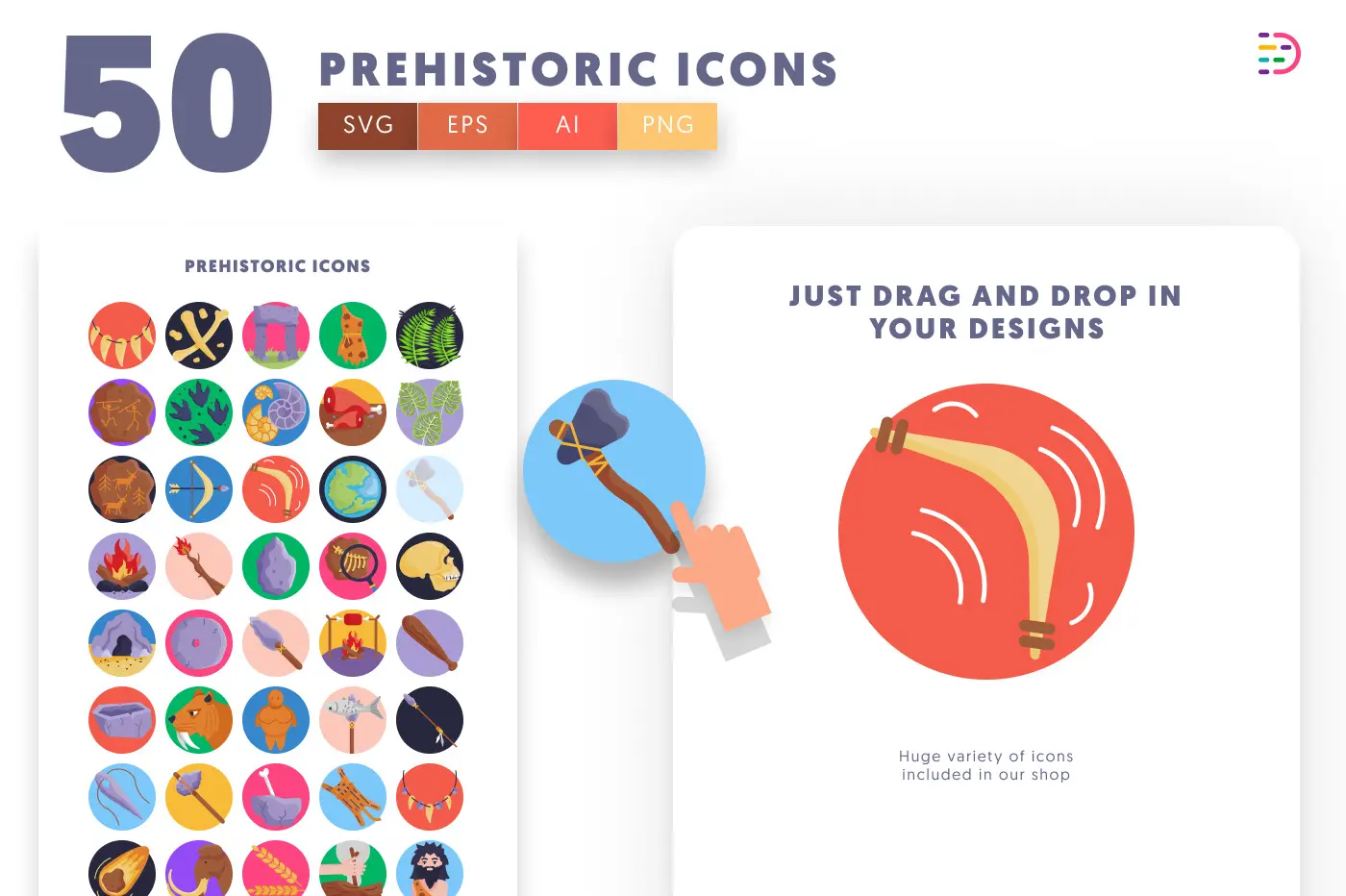 50 Prehistoric Icons preview 1 – flat circle icons in PNG, SVG and EPS