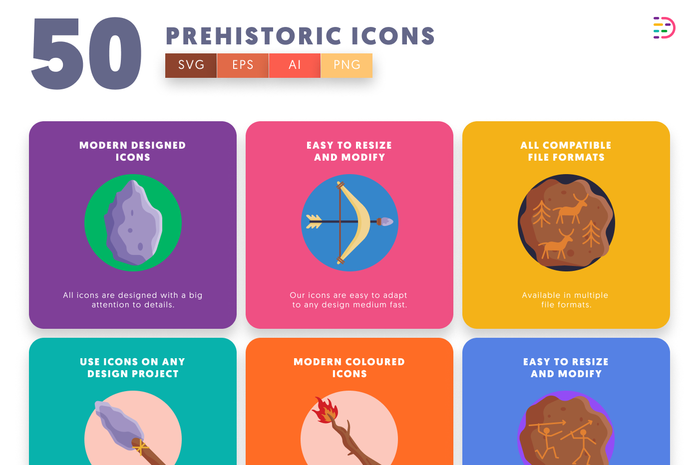 50 Prehistoric Icons preview 5 – flat circle icons in PNG, SVG and EPS