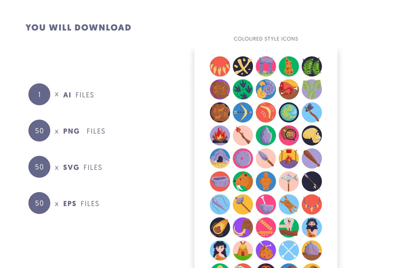 50 Prehistoric Icons preview 9 – flat circle icons in PNG, SVG and EPS