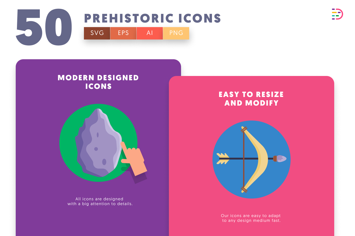 50 Prehistoric Icons cover – flat circle icons in PNG, SVG and EPS