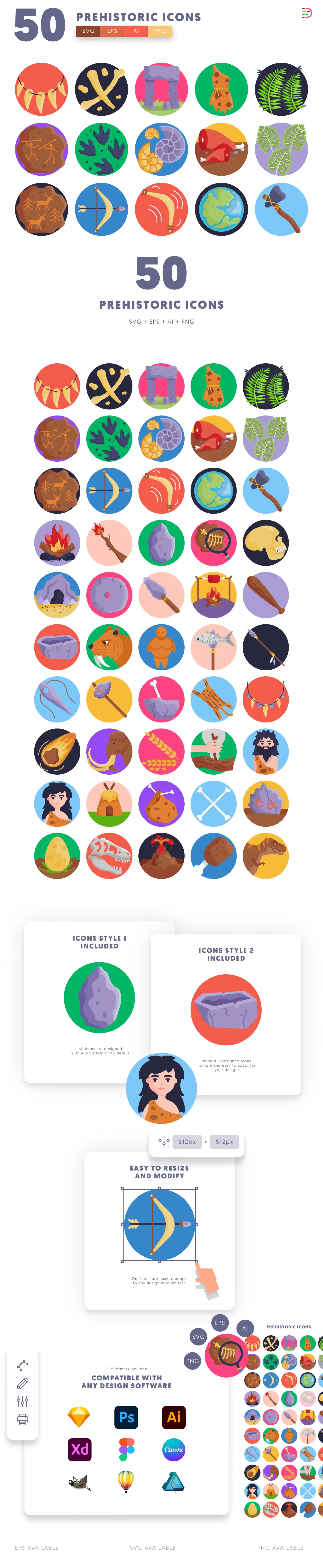 50 Prehistoric Icons cover – flat circle icons in PNG, SVG and EPS