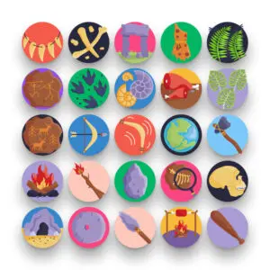 50 Prehistoric Icons – set of colorful flat circle icons