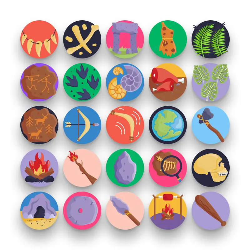 50 Prehistoric Icons – set of colorful flat circle icons