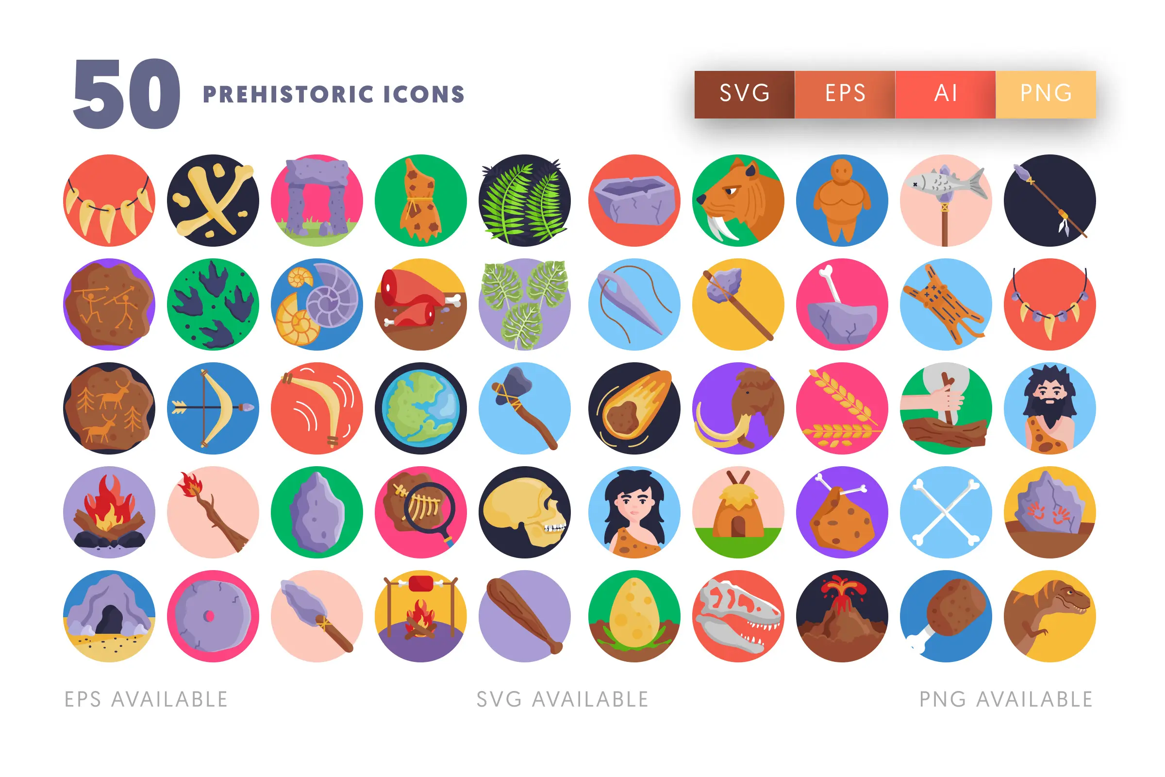 50 Prehistoric Icons – flat circle icon set