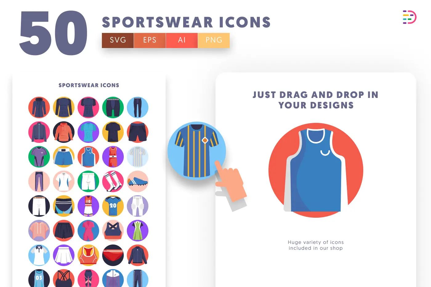 50 Sportswear Icons preview 1 – flat circle icons in PNG, SVG and EPS