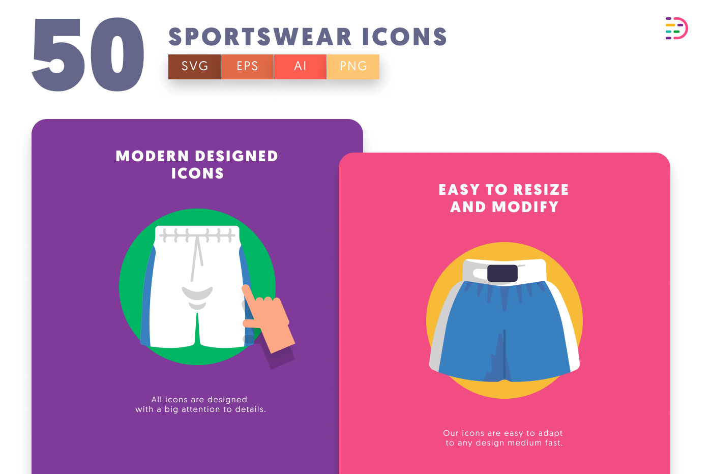 50 Sportswear Icons cover – flat circle icons in PNG, SVG and EPS