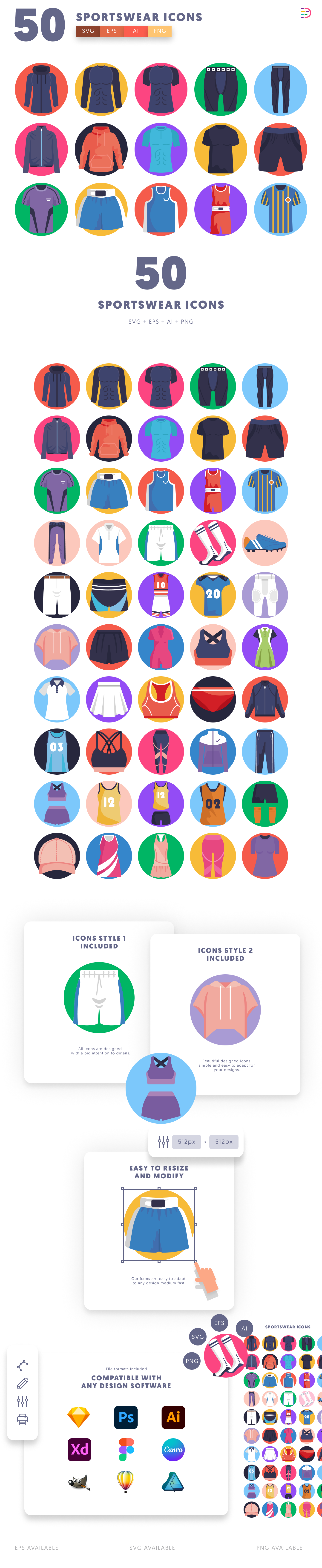 50 Sportswear Icons cover – flat circle icons in PNG, SVG and EPS