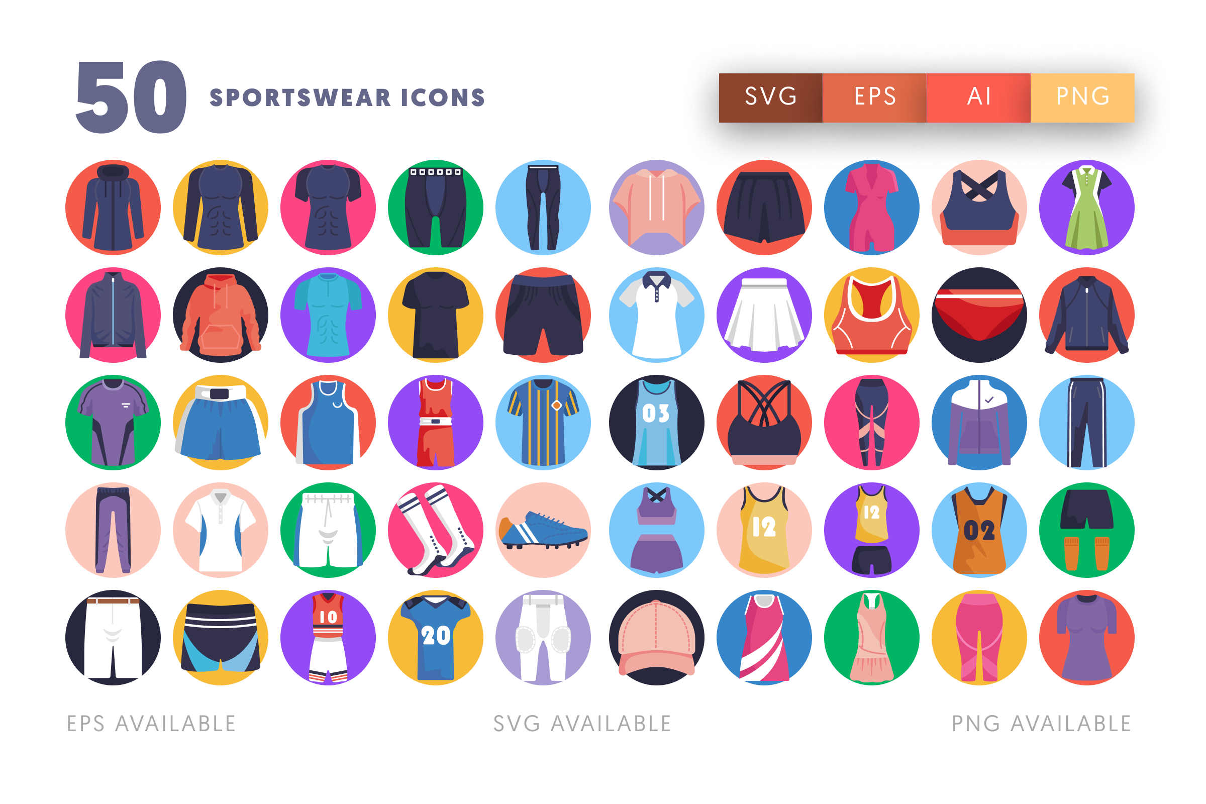 50 Sportswear Icons – flat circle icon set