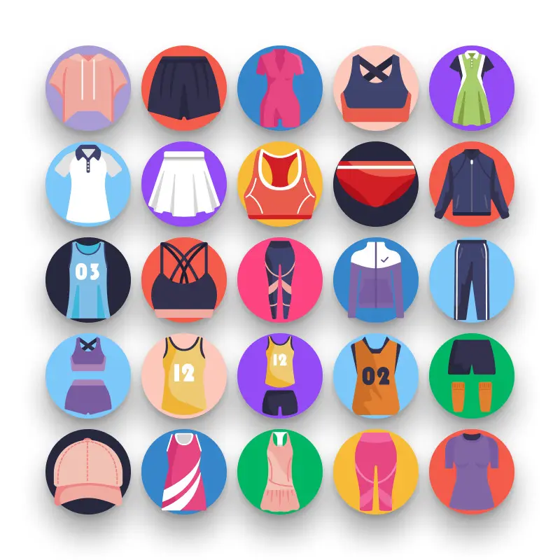 50 Sportswear Icons – set of colorful flat circle icons