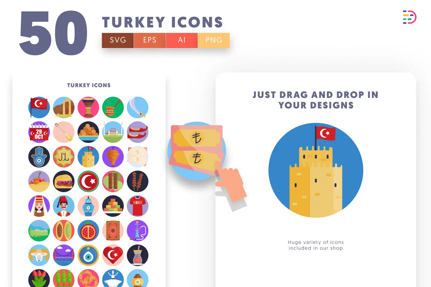 50 Turkey Icons preview 1 – flat circle icons in PNG, SVG and EPS