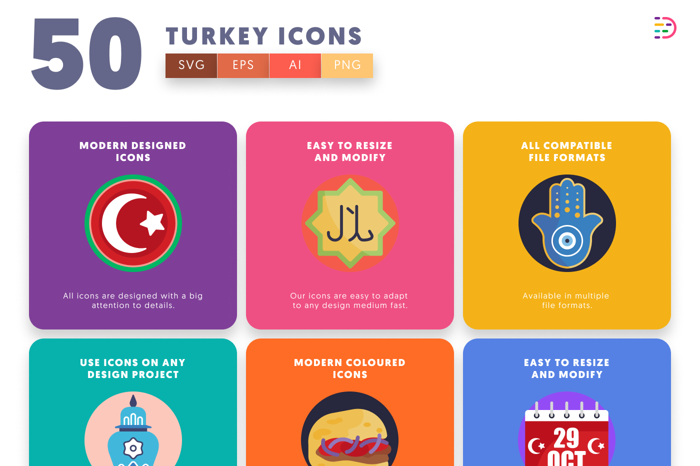 50 Turkey Icons preview 5 – flat circle icons in PNG, SVG and EPS