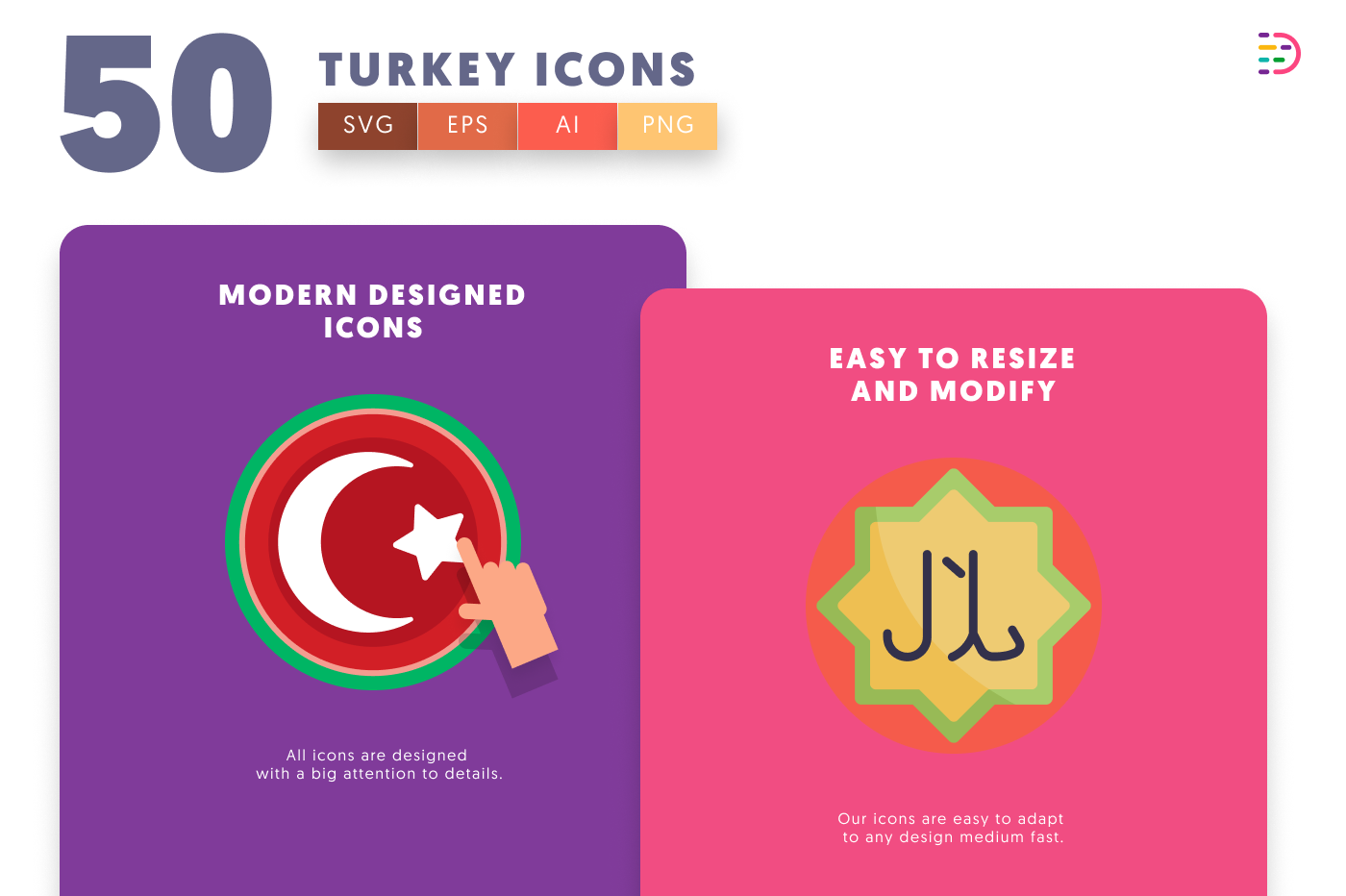 50 Turkey Icons cover – flat circle icons in PNG, SVG and EPS