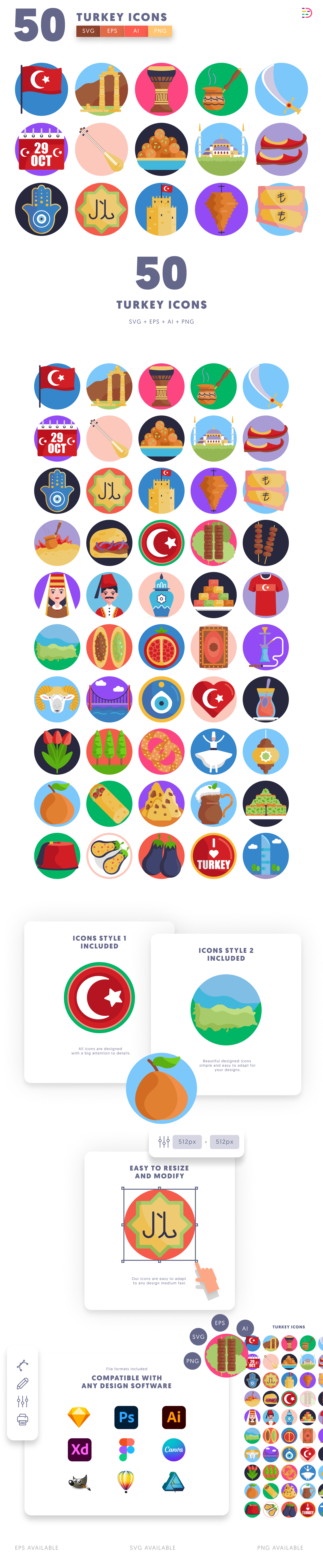 50 Turkey Icons cover – flat circle icons in PNG, SVG and EPS