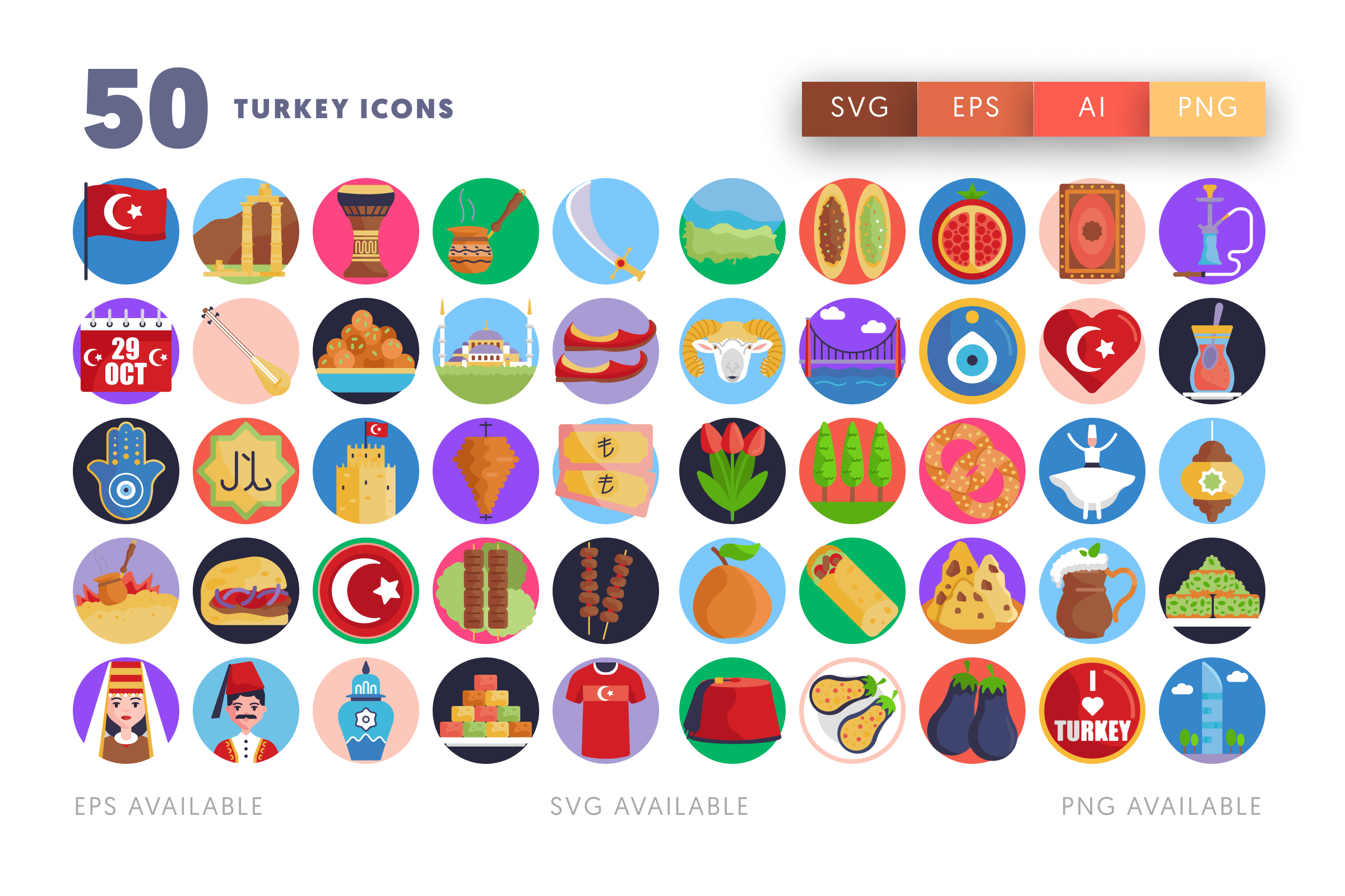50 Turkey Icons – flat circle icon set