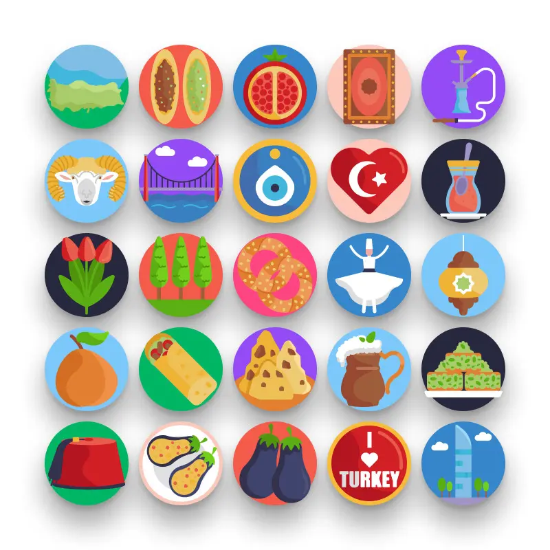 50 Turkey Icons – set of colorful flat circle icons