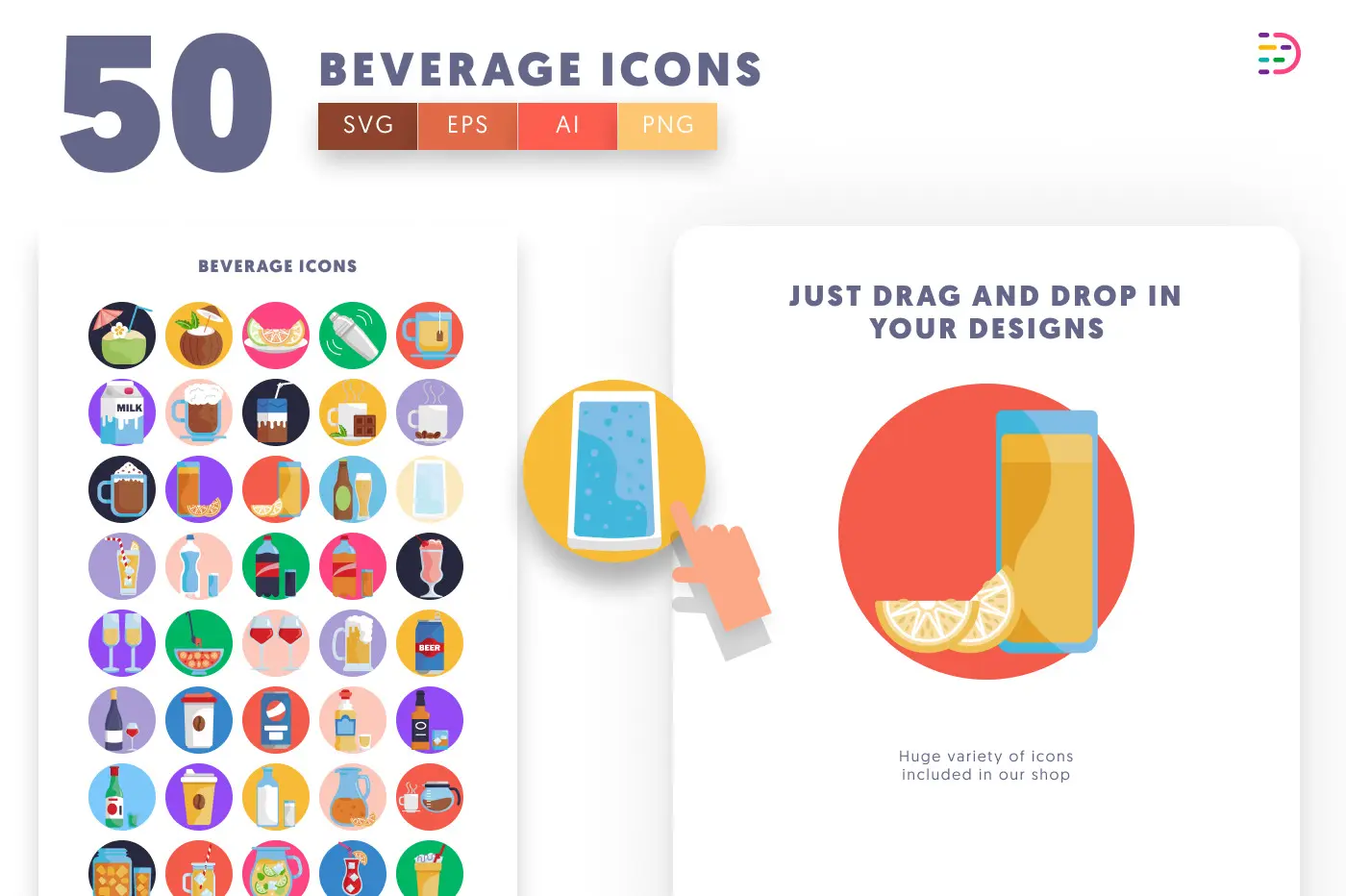 50 Beverage Icons preview 1 – flat circle icons in PNG, SVG and EPS