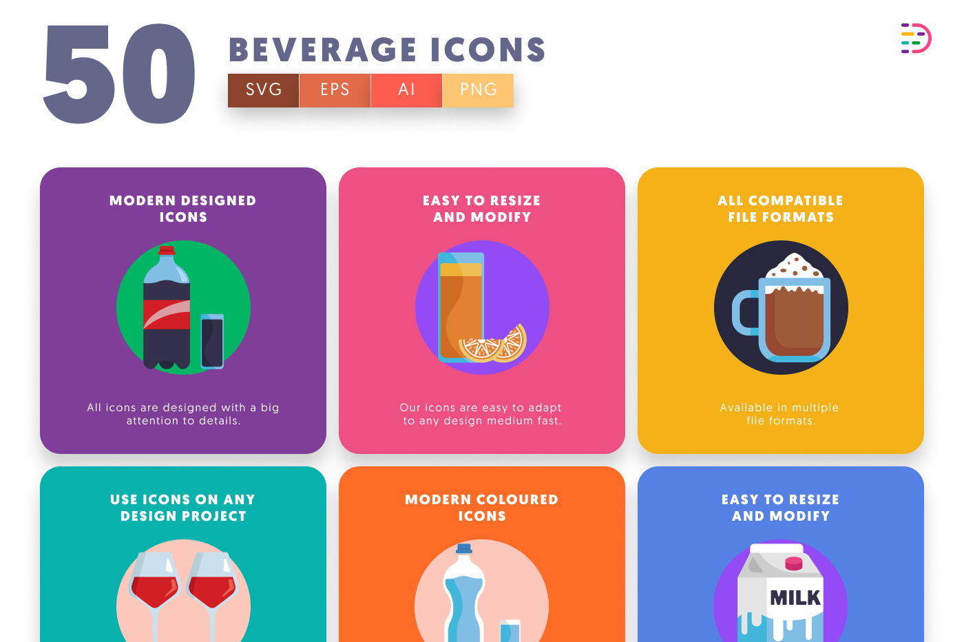 50 Beverage Icons preview 5 – flat circle icons in PNG, SVG and EPS
