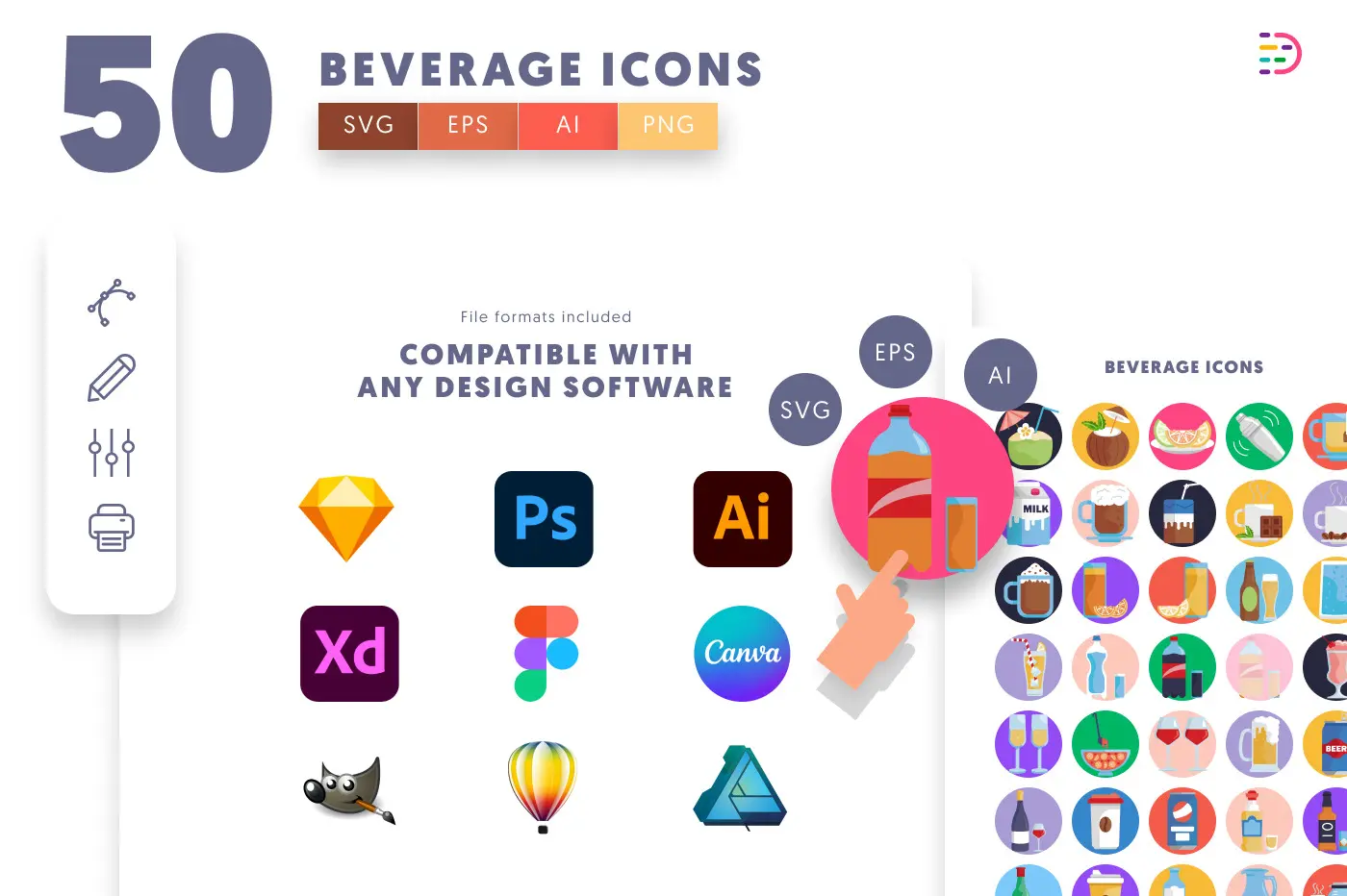 50 Beverage Icons preview 8 – flat circle icons in PNG, SVG and EPS