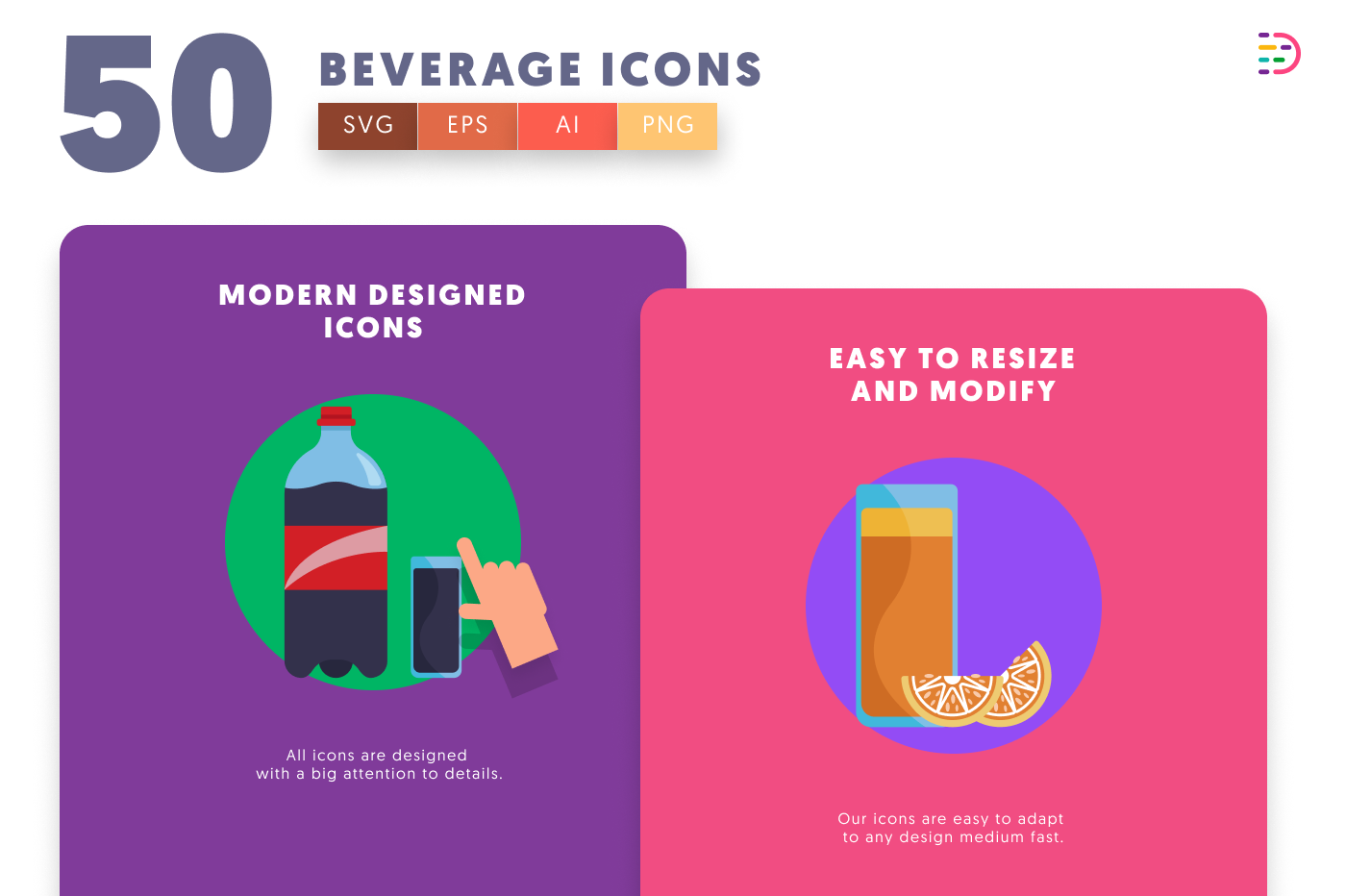 50 Beverage Icons cover – flat circle icons in PNG, SVG and EPS