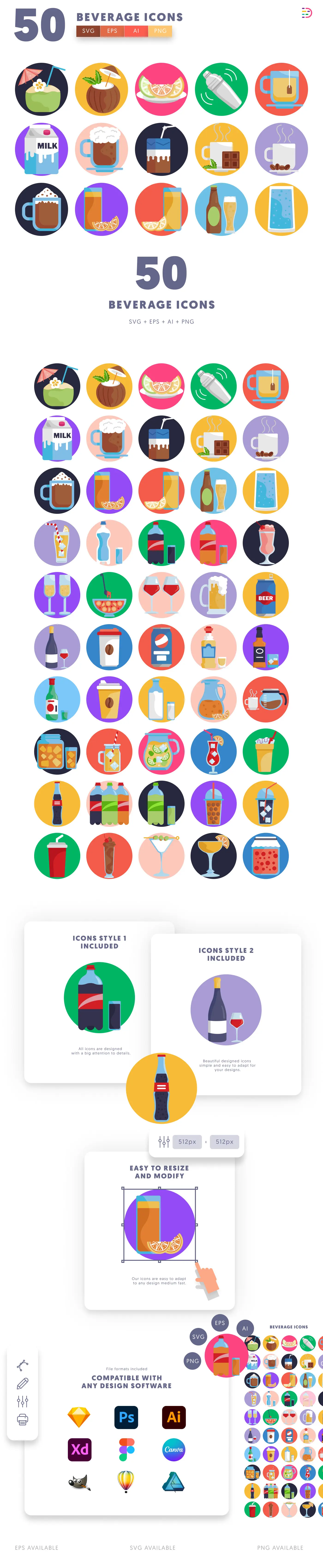 50 Beverage Icons cover – flat circle icons in PNG, SVG and EPS