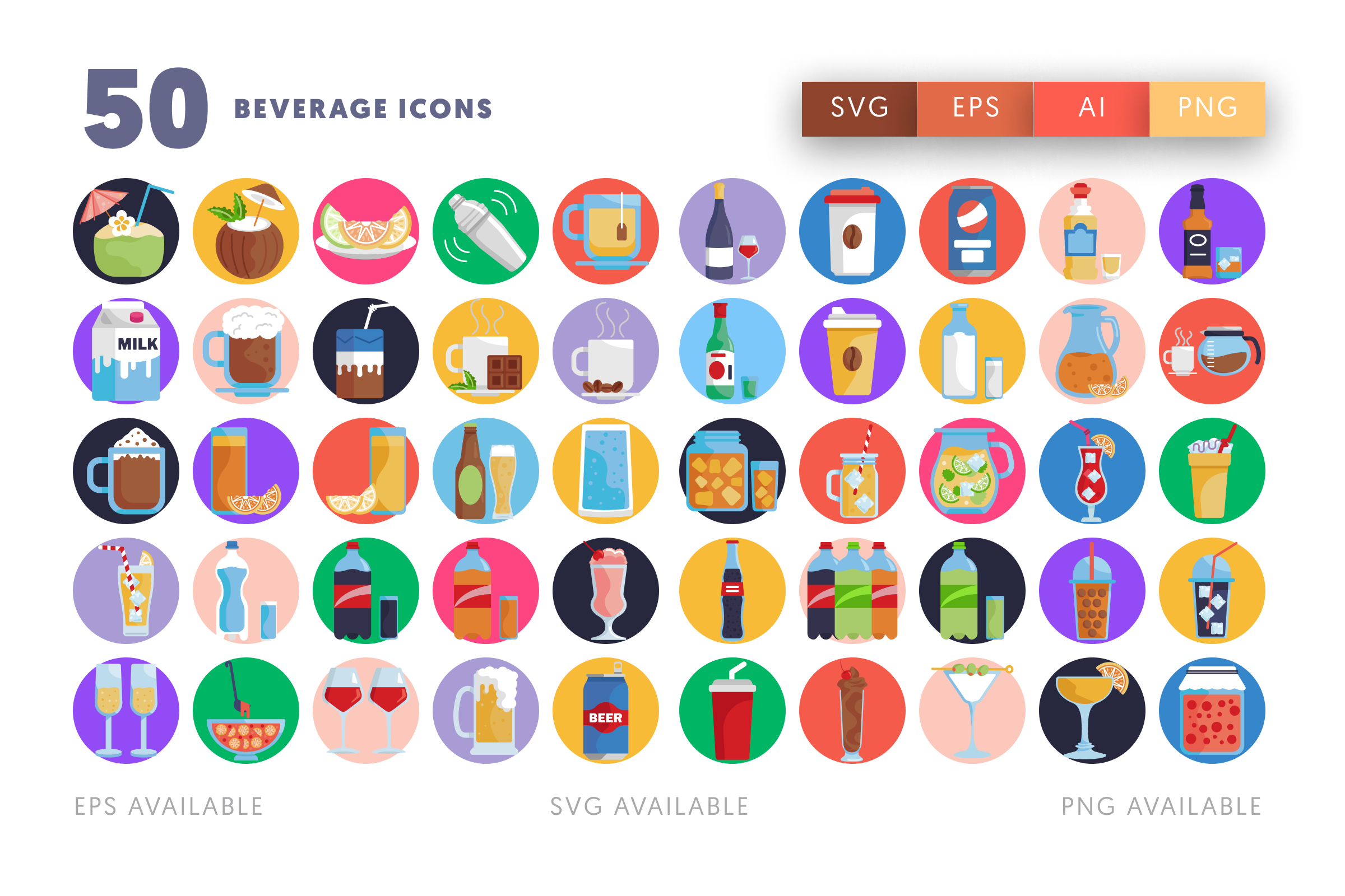 50 Beverage Icons – flat circle icon set