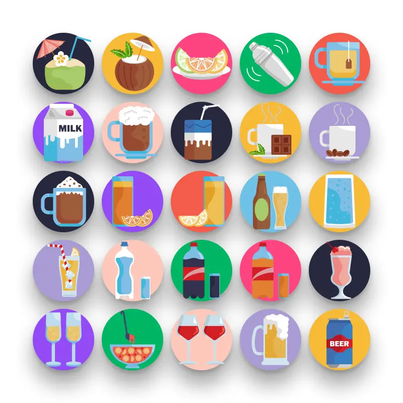 50 Beverage Icons – set of colorful flat circle icons