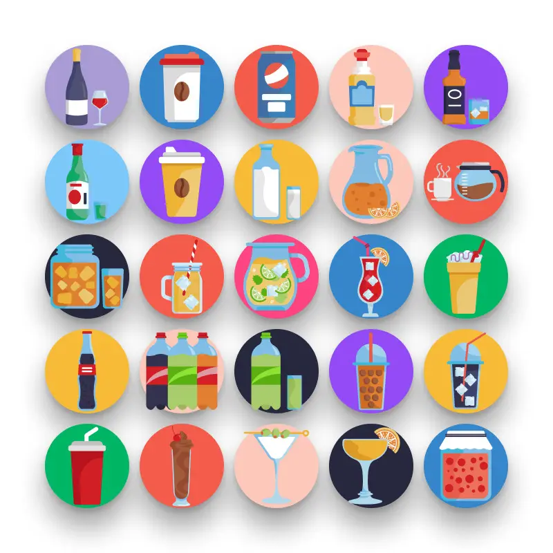 50 Beverage Icons – set of colorful flat circle icons
