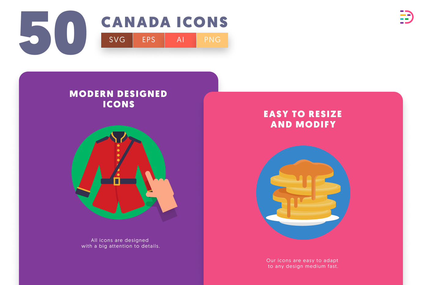 50 Canada Icons cover – flat circle icons in PNG, SVG and EPS