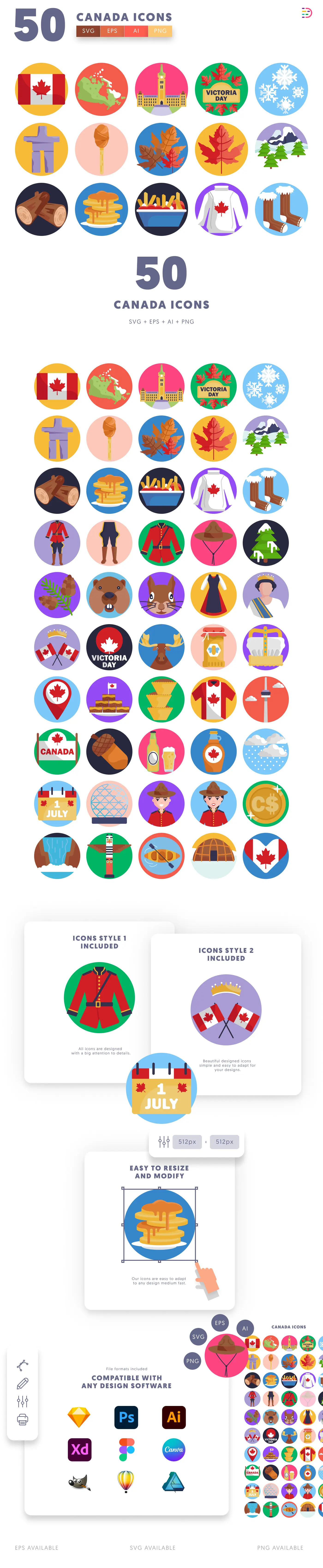 50 Canada Icons cover – flat circle icons in PNG, SVG and EPS